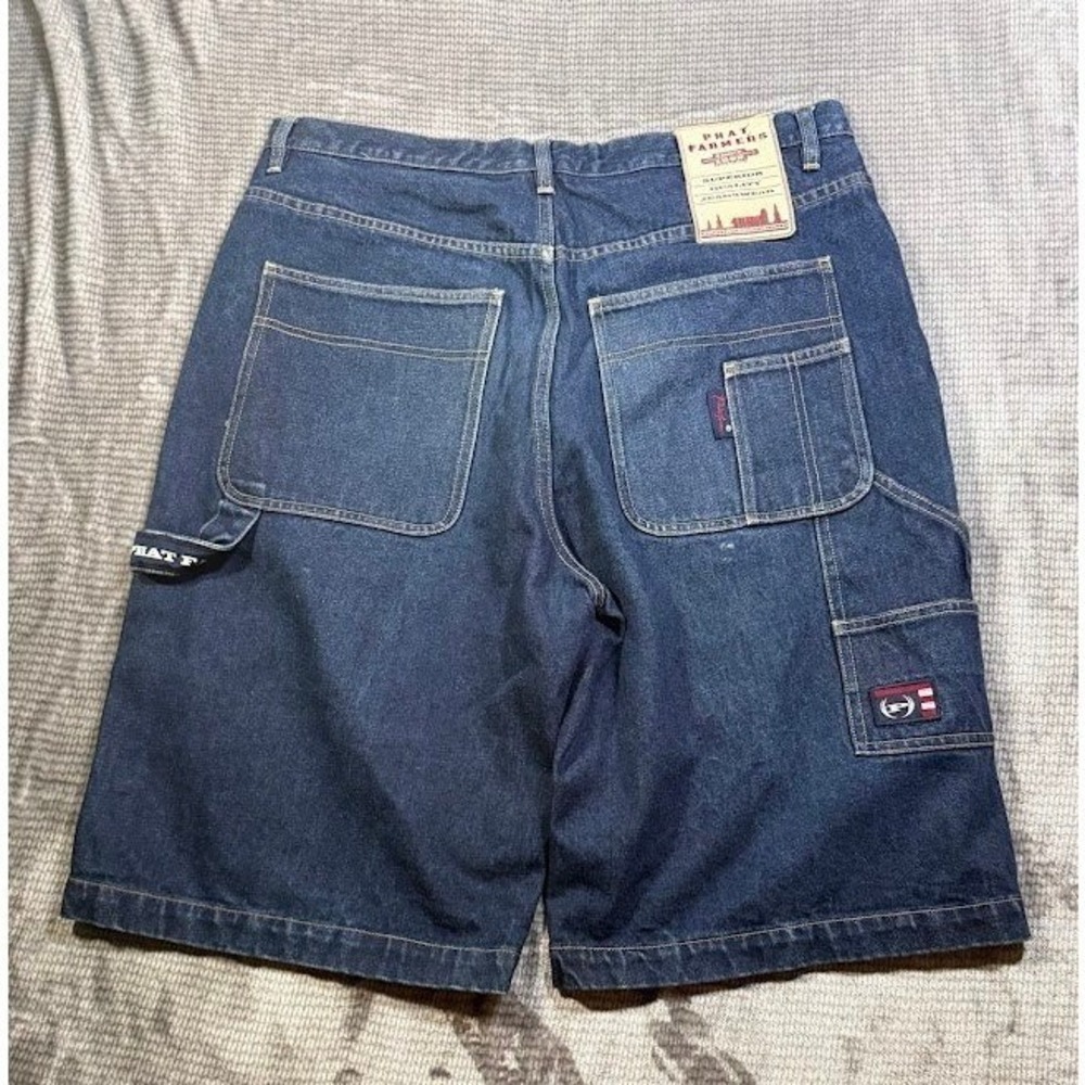 Phat Farm Vintage Mens Denim Carpenter Shorts Baggy Y2K Hip Hop Blue 36X11.
